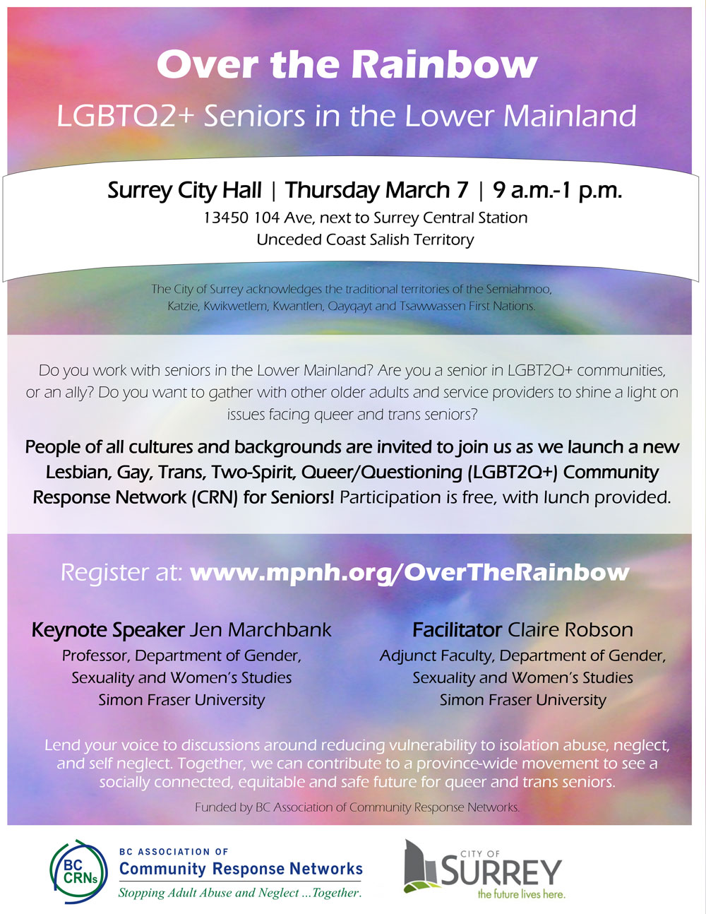 Event poster on a painted rainbow background, outlining the details listed above.